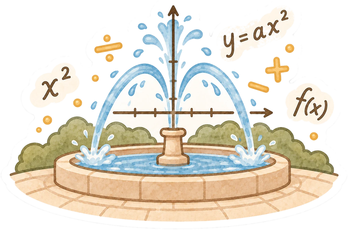Ein Springbrunnen, dessen Wasserstrahlen Parabeln bilden, mit Koordinatenachsen