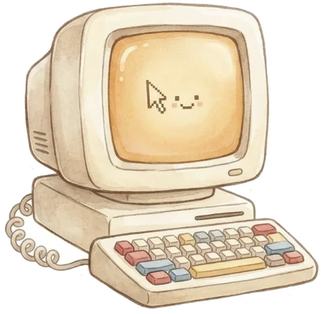 Ein alter Computer mit lächelndem Bildschirm