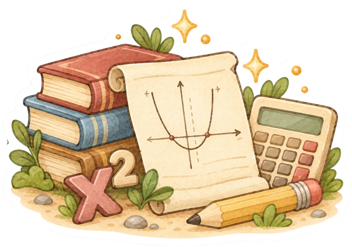 Eine Schriftrolle mit einer Parabel und ihren Nullstellen, daneben Bücher, ein Taschenrechner, ein Bleistift und x²