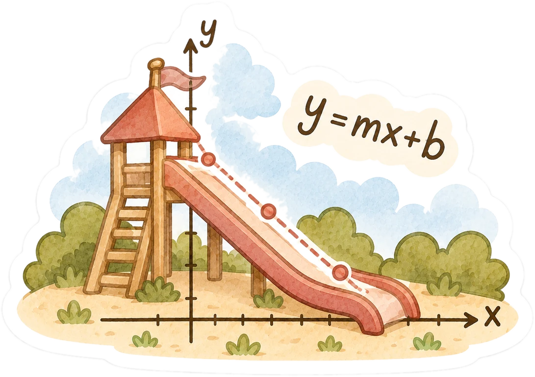 Eine Rutsche auf dem Spielplatz in einem Koordinatensystem, daneben die Gleichung y = mx + b