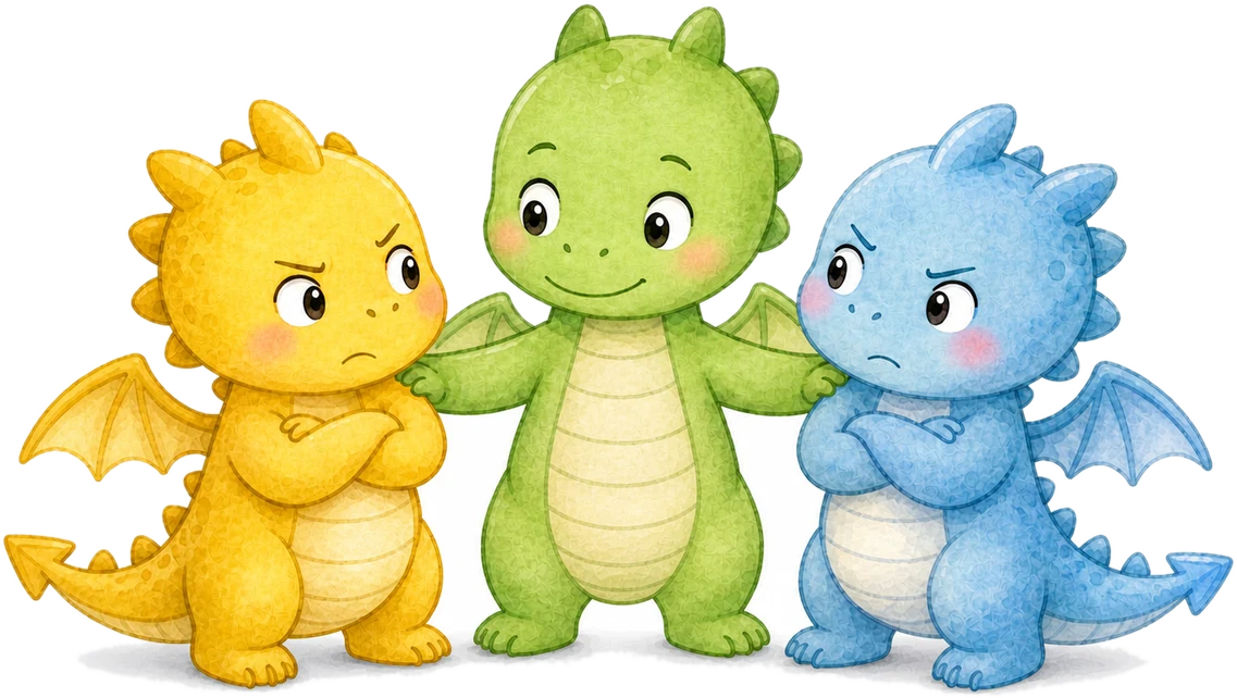 Ein grüner Drache steht zwischen einem verärgerten gelben und einem verärgerten blauen Drachen und schlichtet den Streit